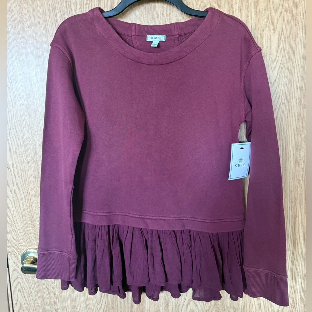Susina Burgundy Cotton Long Sleeve Top